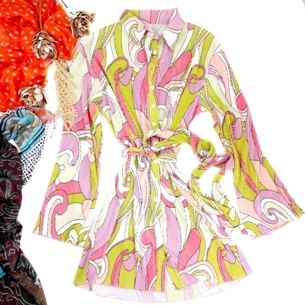 Multicolored Tunic Buttoned Down Belted Dress Sz M - image 1